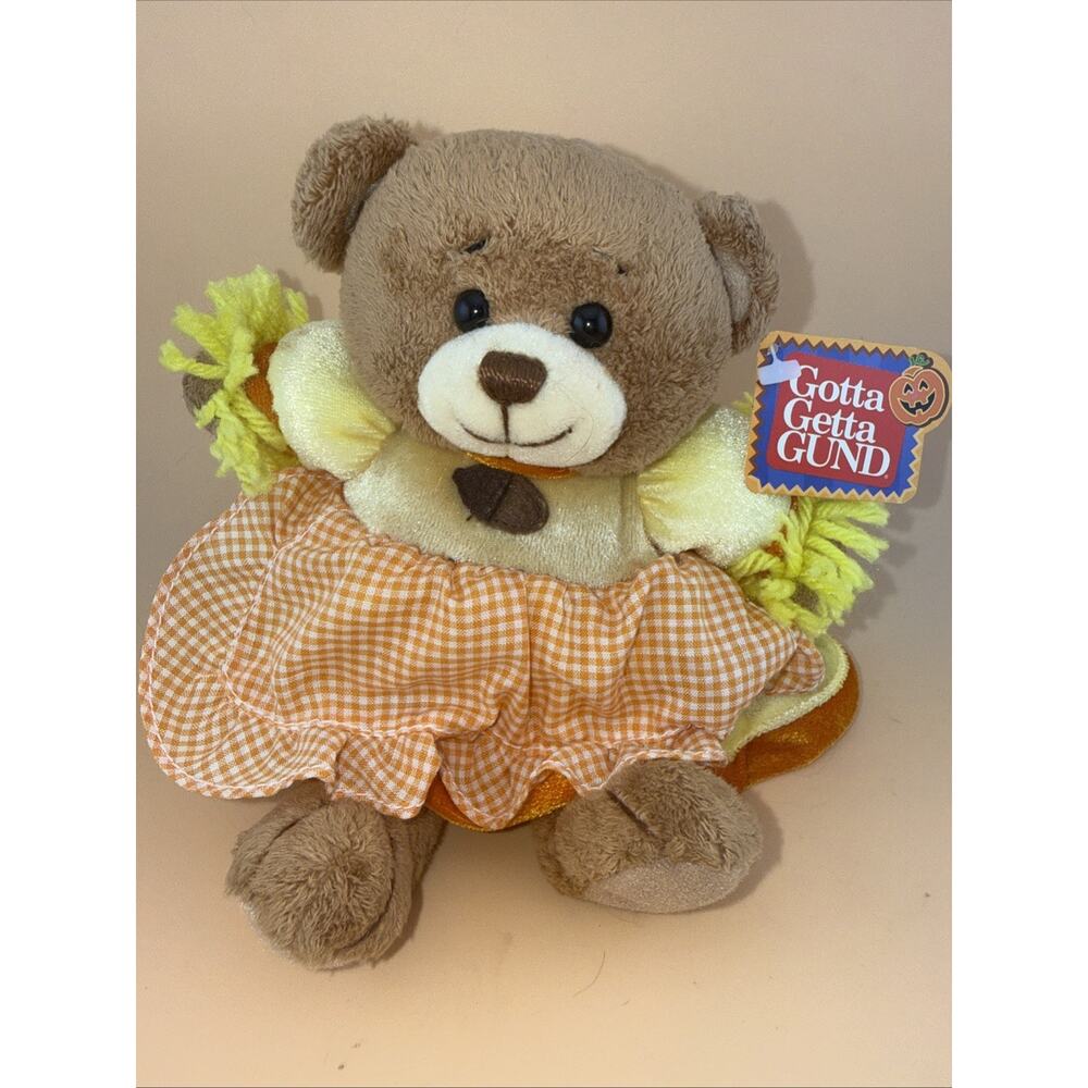 GUND Autumn Bear 8" Plush Velvet Orange Gingham Apron Fall W Tag/vtg 1990s